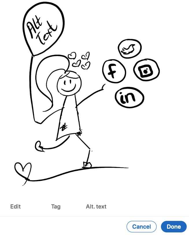 Stick figure holding a balloon with Alt text is running after social media icons below are the fields Edit, Tag, Alt text