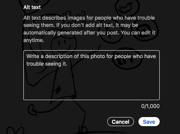Alt text describes images for people who have trouble seeing them. If you don’t add alt text, it may be automatically generated after you post. You can edit it anytime. Write a description for this photo for people who have trouble seeing it. 0/1000