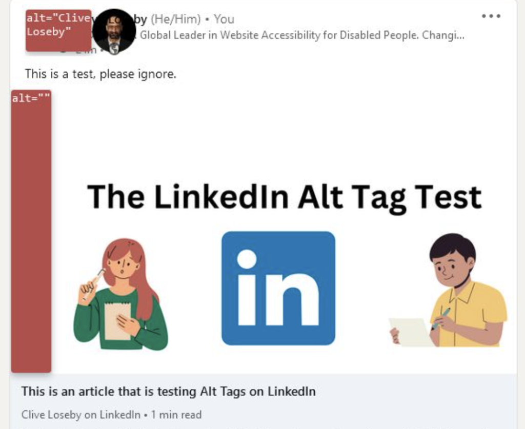 Alt text Clive Loseby, The LinkedIn Alt tag test, an article testing alt tags on LinkedIn 