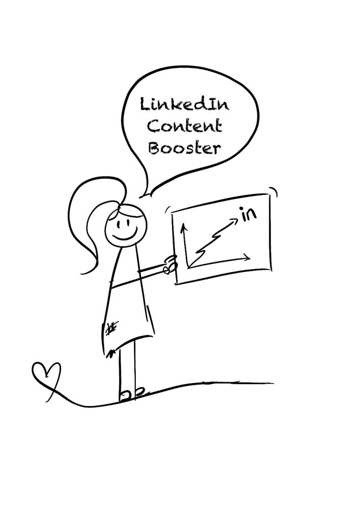 Stick figure holding a chart with LinkedIn content booster arrow going up.