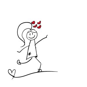 Stick figure, Lilly, running with hearts above her head.