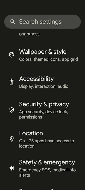 Screenshot of Settings menu on Google Pixel 6a.