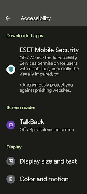 Screenshot of Accessibility menu on Google Pixel 6a.