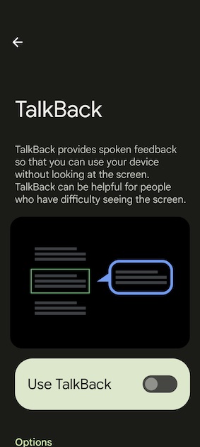 Screenshot of TalkBack menu on Google Pixel 6a.