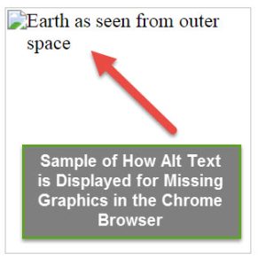 A thumbnail with earth as seen from outer space, a red arrow pointing to the thumbnail. Below is a sample of how Alt text is displayed for missing alt text in chrome browser.  