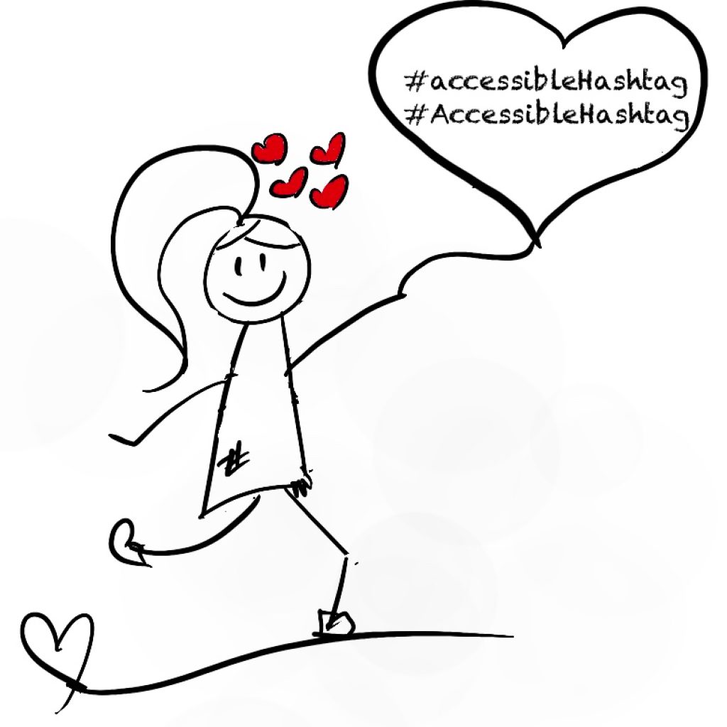 Stick figure, Lilly, running with a balloon with #Accessible Hashtags and #accessibleHashtags