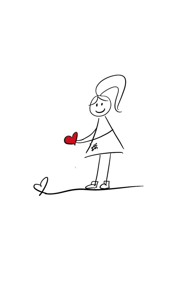 Stick figure, Lilly, holding out a heart.
