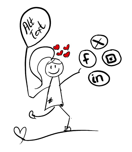 Stick figure holding a balloon with Alt text is running after social media icons