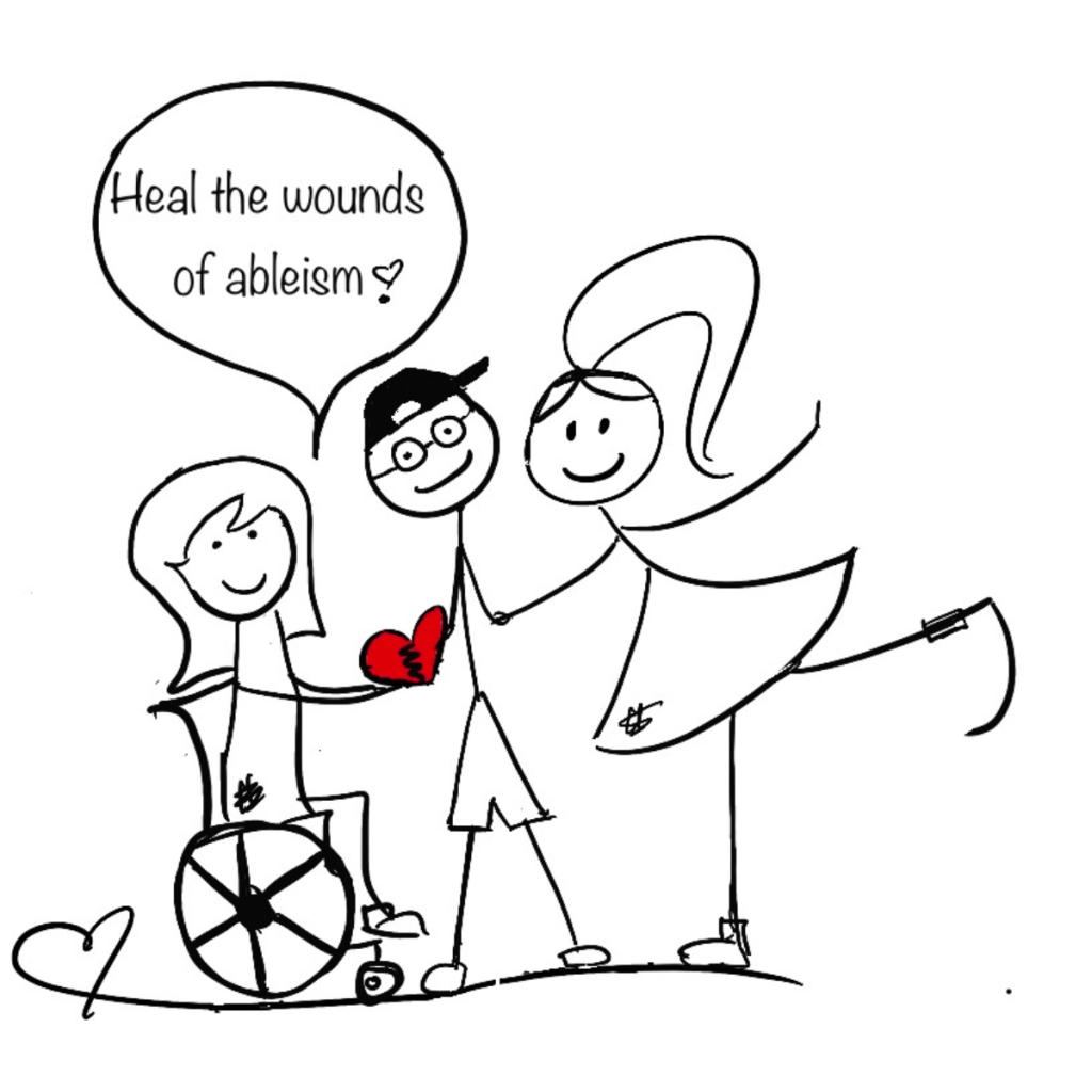 A speech bubble with the text, 'Heal the wounds of ableism'. Three stick figures holding hands. Lilly wearing a prosthetic leg, a boy with glasses, and a girl using a wheelchair, all holding a heart.