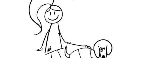 Stick figure Lilly holding the harness of her assistance dog