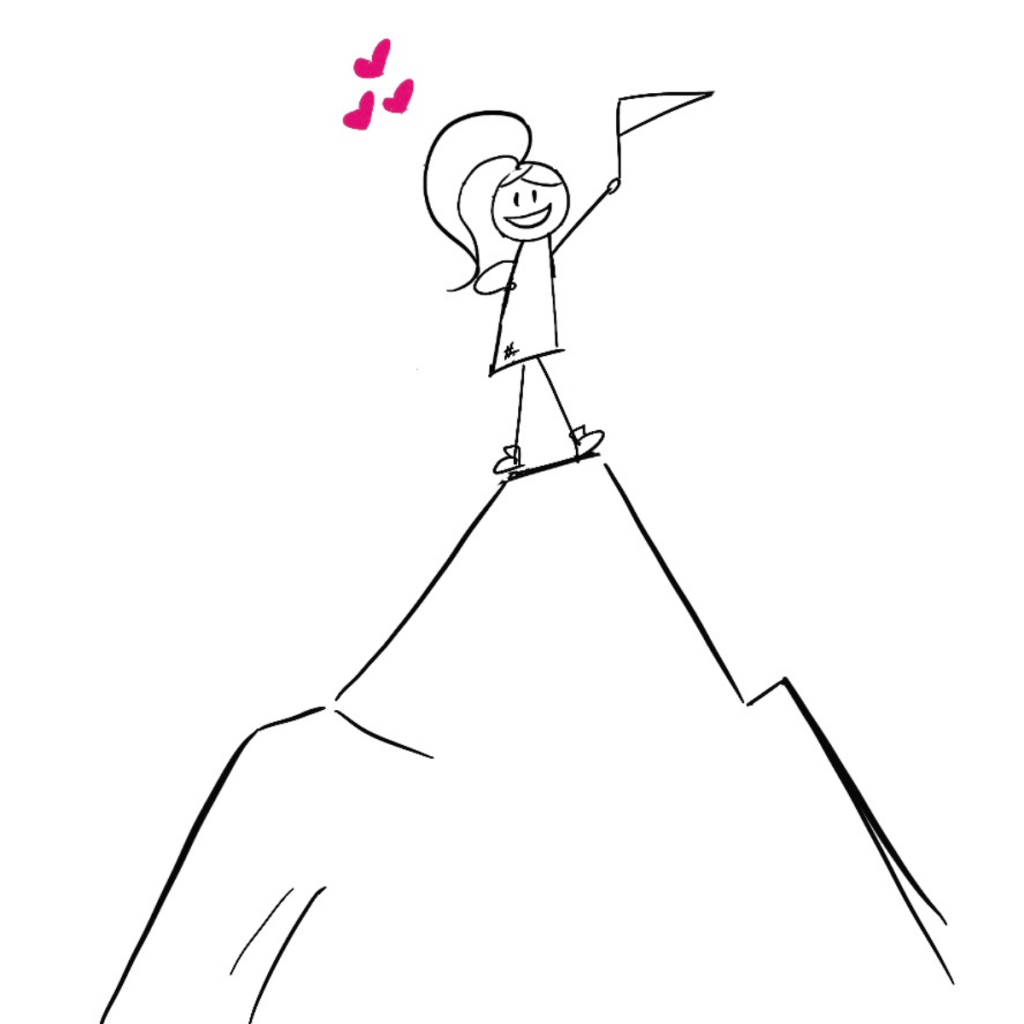 Stick figure Lilly is standing on a mountain peak holding a flag.