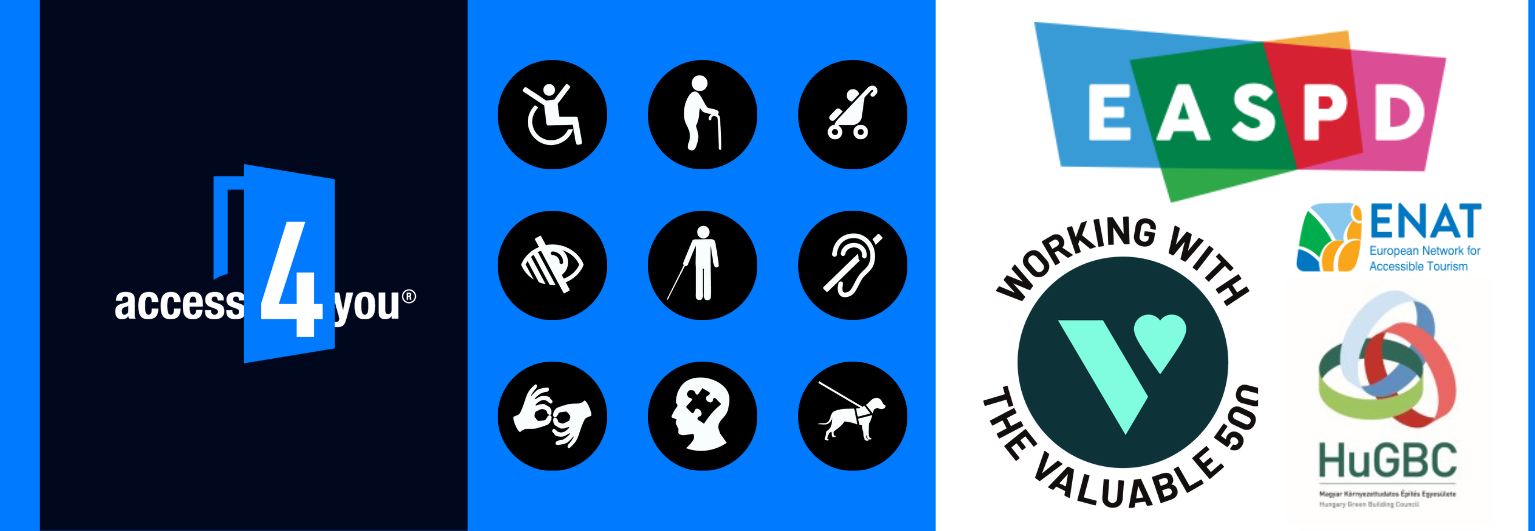  Access4 you logo. On the left, In white letters access followed by the number 4 in a half-opened door. In the middle are 9 disability pictograms, wheelchair user, elderly, people with strollers, low vision, blind, hard of hearing, deaf, neurodiverse, service dogs. On the right are the logos of EASPD, ENAT, HuGBC, The Valuable 500.
