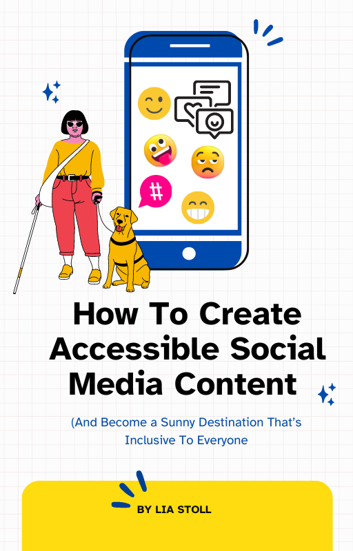 A cartoon figure of a blind woman holding a cane, with her guide dog is standing next to a mobile phone with emojis, messages, and a hashtag in a pink speech bubble. Followed by How to Create Accessible Social Media Content