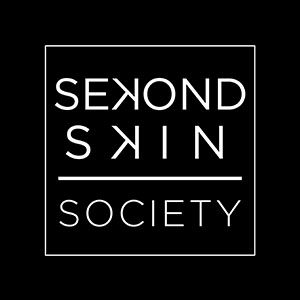 Sekond Skin written mirrored followed by society in white letters on a black background