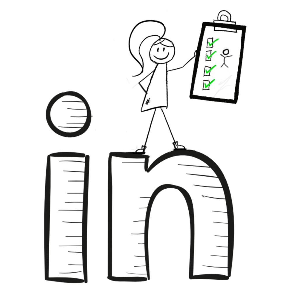 Disability Writer stick figure Lilly standing on a LinkedIn logo holding an accessibility chart