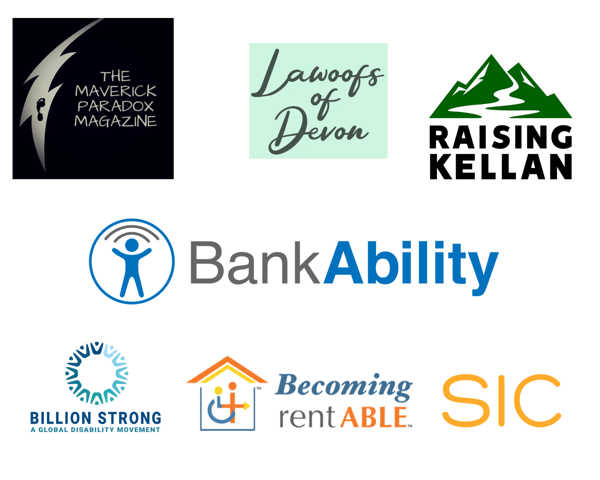 Disability Writer client logos featuring Becoming RentAble, Billion Strong, SIC, Raising Kellan, LaWoofs of Devon, The Maverick Paradox Magazine and BankAbility.