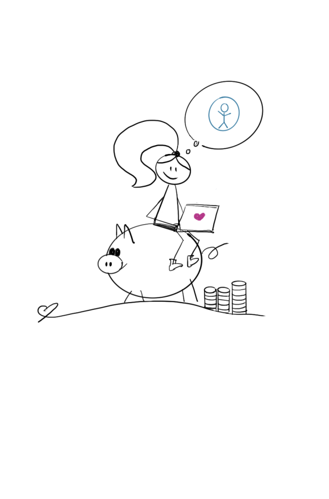 Disability Writer, stick figure Lilly is sitting on a piggy bank with her laptop thinking of accessible banking.