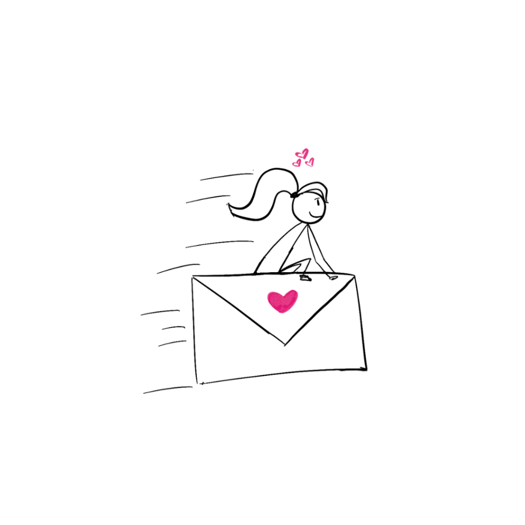 Disability Writer, stick figure Lilly is riding on an envelope.