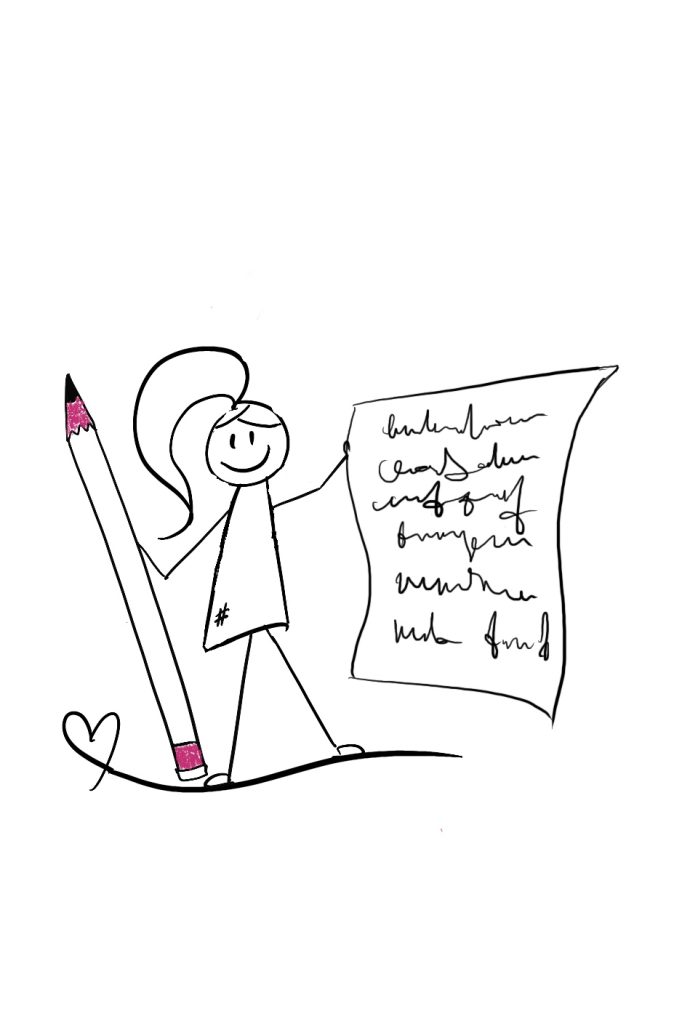 Disability Writer stick figure Lilly is holding her portfolio.