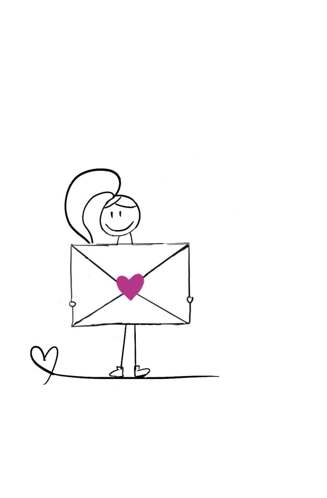 Disability Writer, stick figure Lilly holding an envelope.