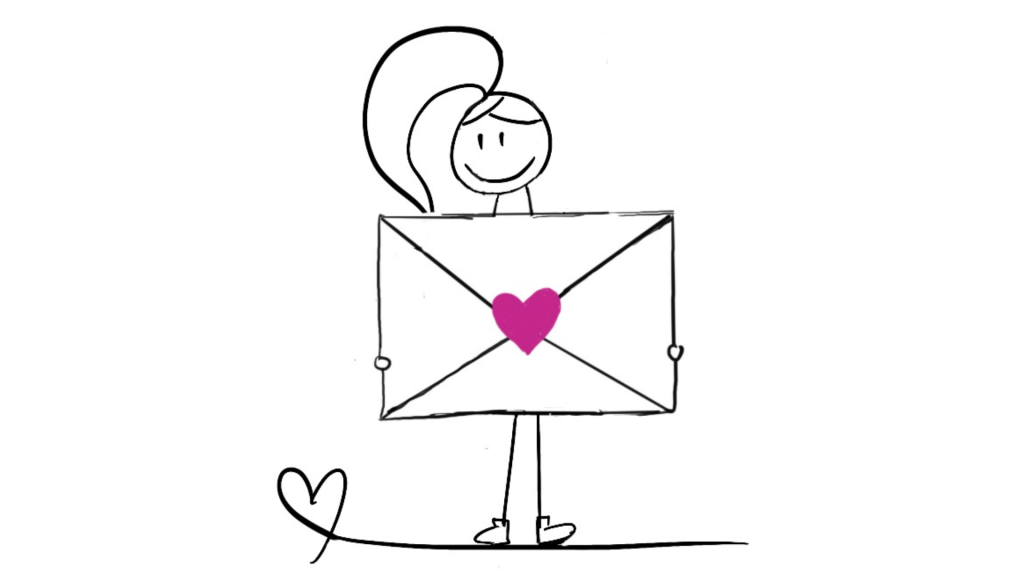 Disability Writer, stick figure Lilly holding an envelope.