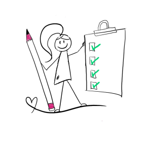 Disability Writer, stick figure Lilly, holding up your clarity content strategy checklist.