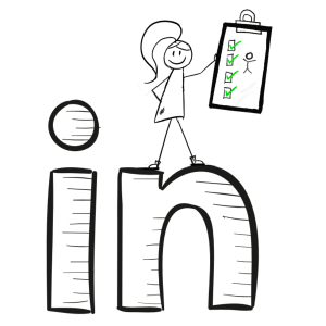 Disability Writer, stick figure, Lilly standing on a LinkedIn logo, revealing your inclusive content and LinkedIn momentum.