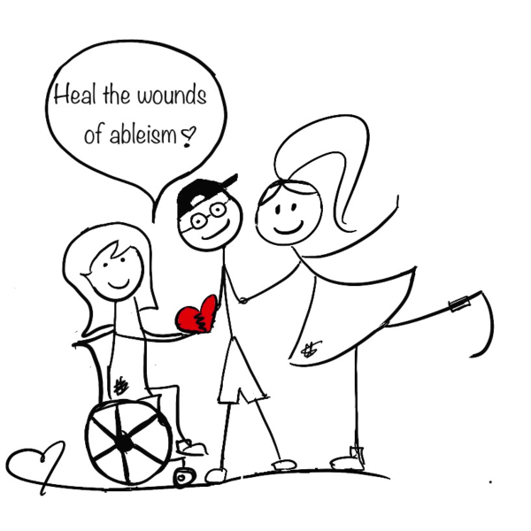 Disability Writer stick figure Lilly holding a heart with her disabled friends