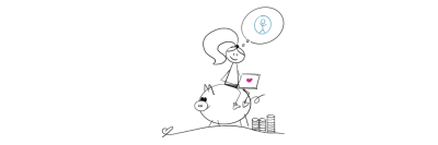 Disability Writer, stick figure Lilly is sitting on a piggy bank with her laptop thinking of accessible banking.  Lilly Accessible Banking