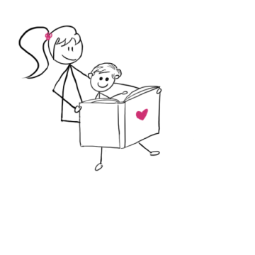 Disability Writer , stick figure Lilly is sitting with her son reading a book