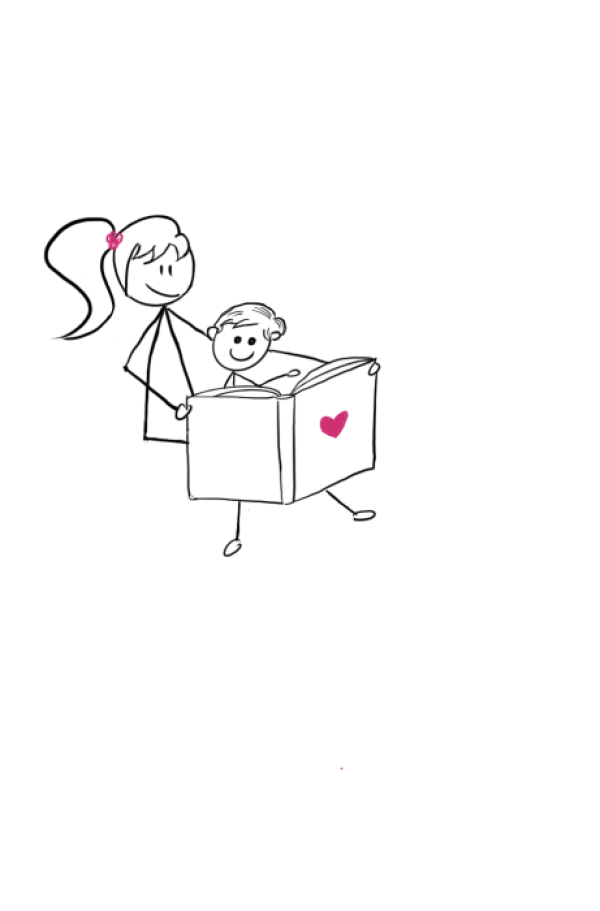 Disability Writer , stick figure Lilly is sitting with her son reading a book Disability Writer , stick figure Lilly is sitting with her son reading a book