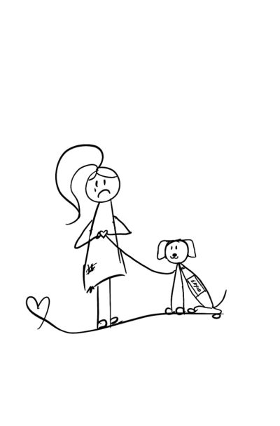 Disability Writer stick figure Lilly  holding a heart and leash with guide dog