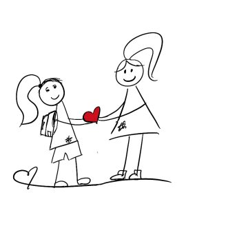 Two stick figures holding a heart