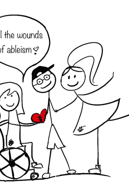 Disability Writer stick figure Lilly holding a heart with her disabled friends