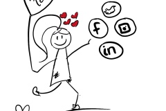 Stick figure running with balloon with Alternative Text towards social media icons