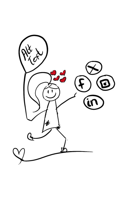 Stick figure holding a balloon running after social media icons 