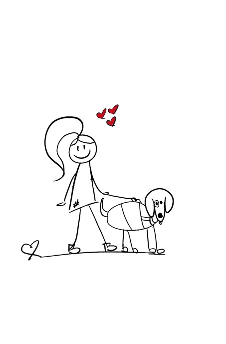 Disability Writer stick figure Lilly walking with her assistance Dog