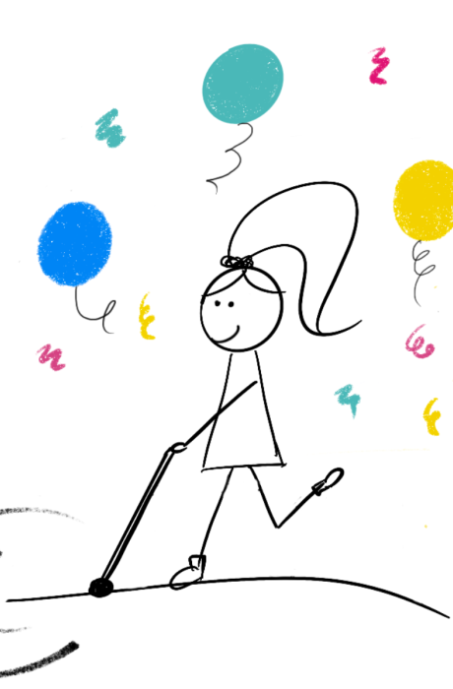 Disability Writer stick figure Lilly blind walking with balloons 