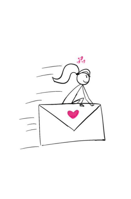 Disability Writer stick figure Lilly riding an envelope