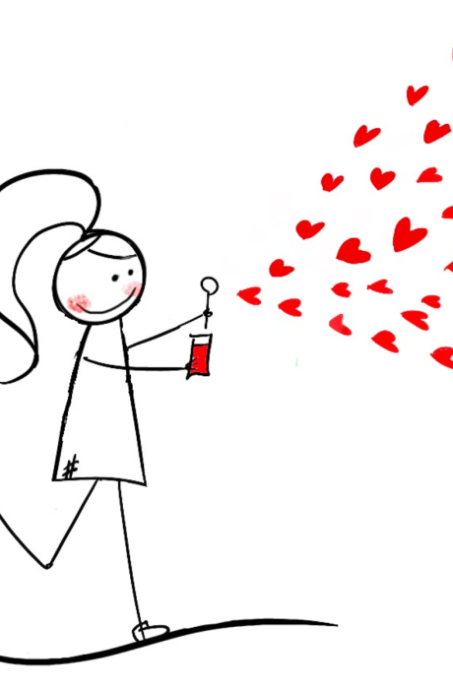 Disability Writer, stick figure Lilly blowing hearts.