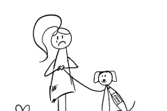 Sad stick figure holding heart and leash with guide dog