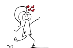 Stick figure running with hearts above her head