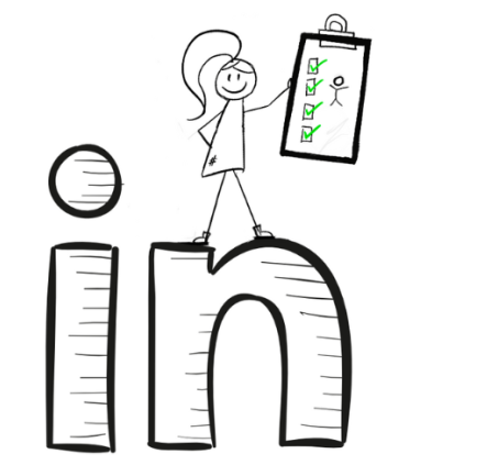 Disability Writer stick figure Lilly is standing on a LinkedIn icon holding an accessibility checklist. 