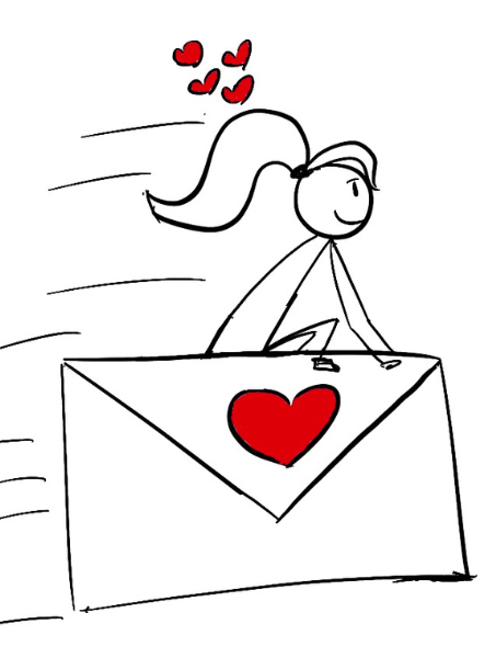 Stick figure Lilly riding on an envelope