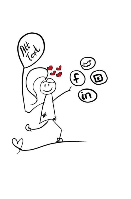Disability Writer stick figure Lilly  running with Balloon Alternative Text On Social Media